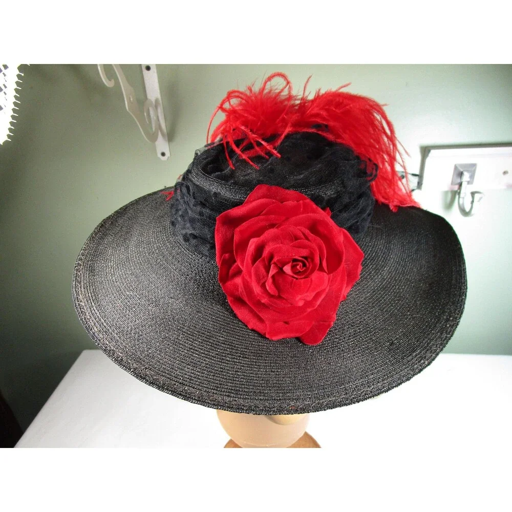 Vintage Wide Brim Hat Black Lace Ostrich Feathers Red Rose Embellishment